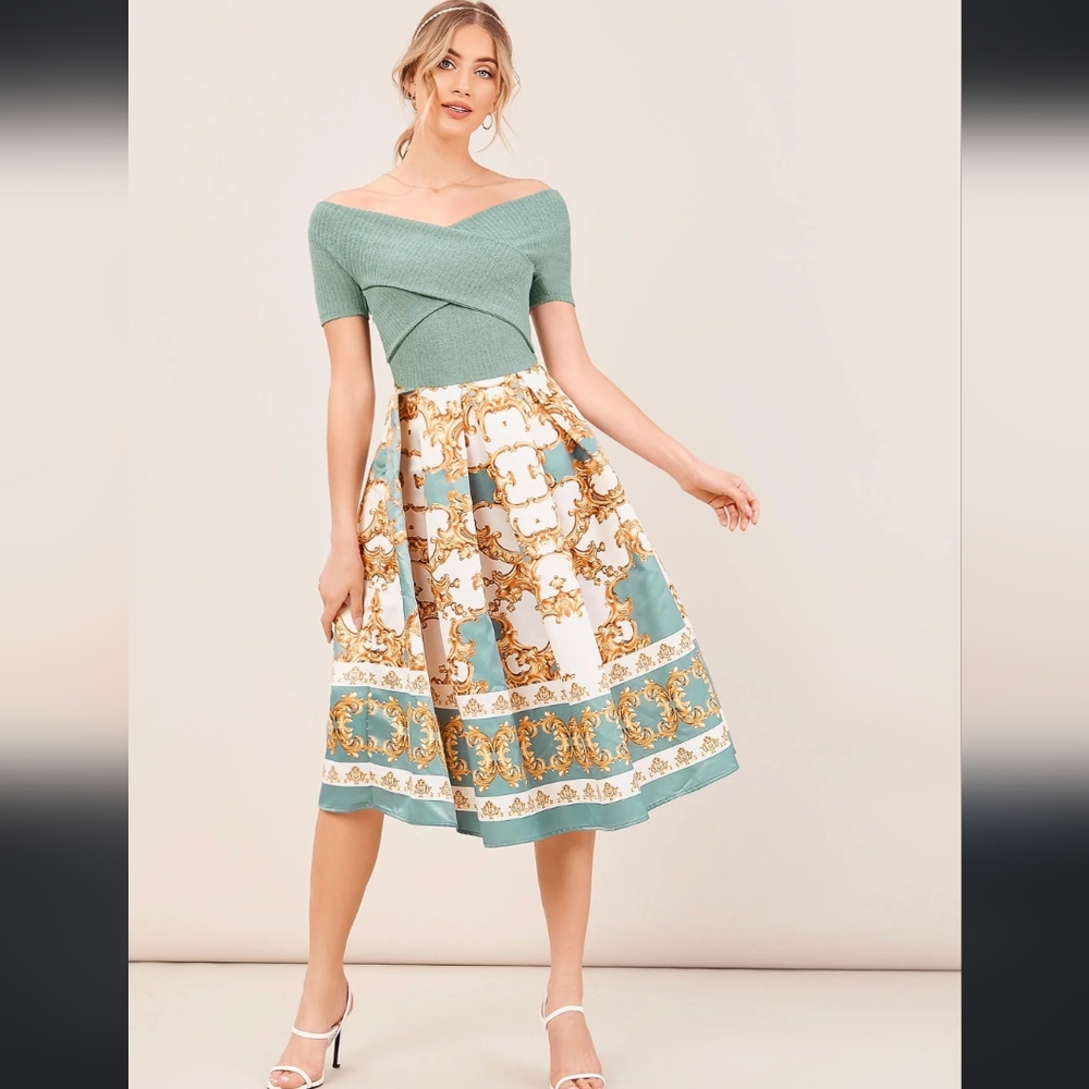 Rib knit off shoulder baroque dress
